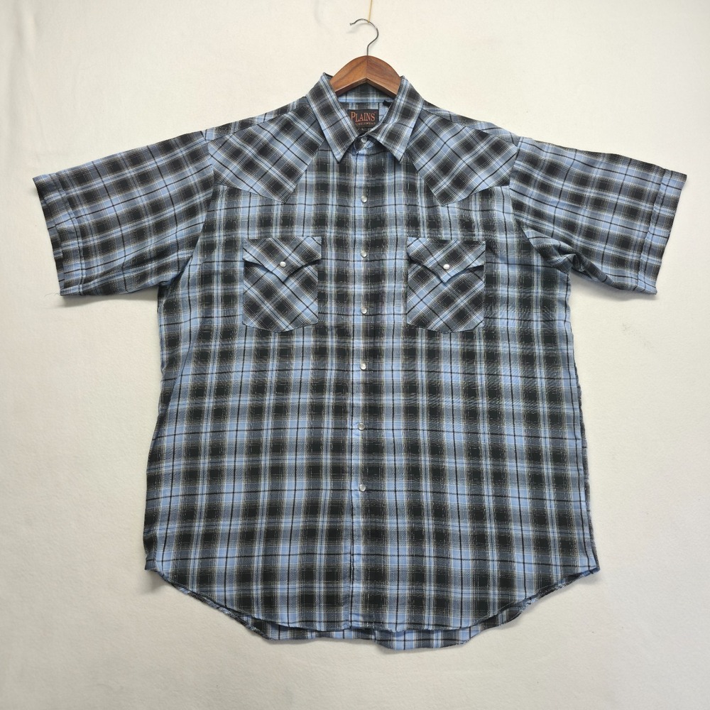 Plains Men's Black & Blue Plaid Short Sleeve Pearl Snap Western Shirt Size Large